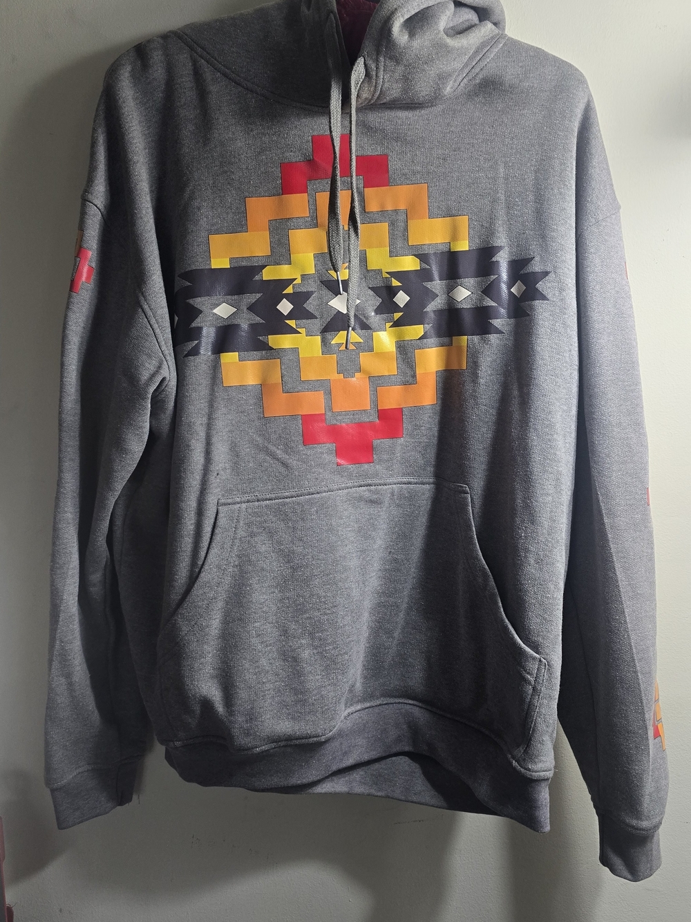 Gray Hoodie with Geometric Aztec Print - Men